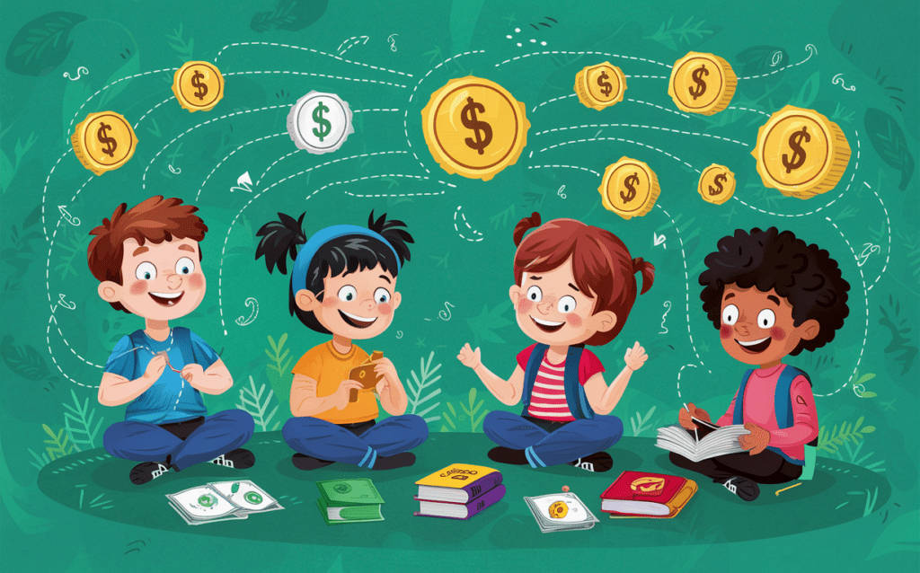 Ilustração de crianças aprendendo sobre dinheiro e finanças de forma lúdica e interativa, utilizando materiais didáticos adequados para sua faixa etária, como jogos, livros e aplicativos educativos.